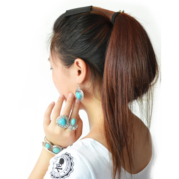 E-3552 Bohemian vintage style sliver plated heart shape turquoise beads pendant dangle earrings for womens