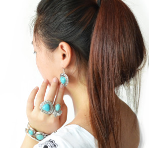 E-3552 Bohemian vintage style sliver plated heart shape turquoise beads pendant dangle earrings for womens