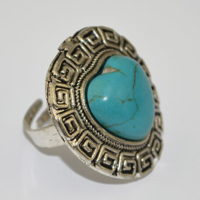 R-1244 Bohemian Style Tibet Silver Carved Vintage Flower Big Turquoise Heart Stone Women Ring
