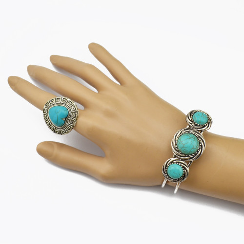 R-1244 Bohemian Style Tibet Silver Carved Vintage Flower Big Turquoise Heart Stone Women Ring
