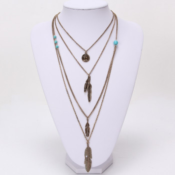 N-5742 Bohemain multilayer chain turquoise beads queen head coins leaf tassel pendant necklace