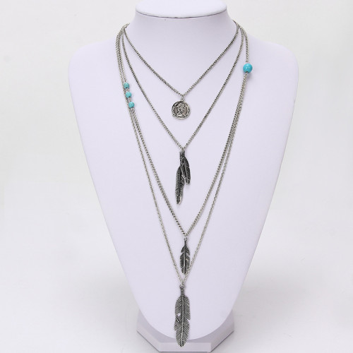 N-5742 Bohemain multilayer chain turquoise beads queen head coins leaf tassel pendant necklace