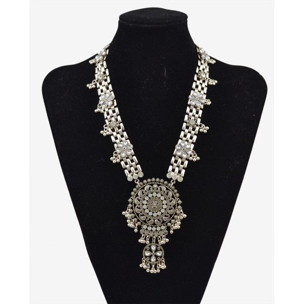 N-5735 Bohemian style silver chunky chain hollow out rhinestone plum flower bell ball tassel luxury shinning pendant necklace,boho chic beachy statement necklace