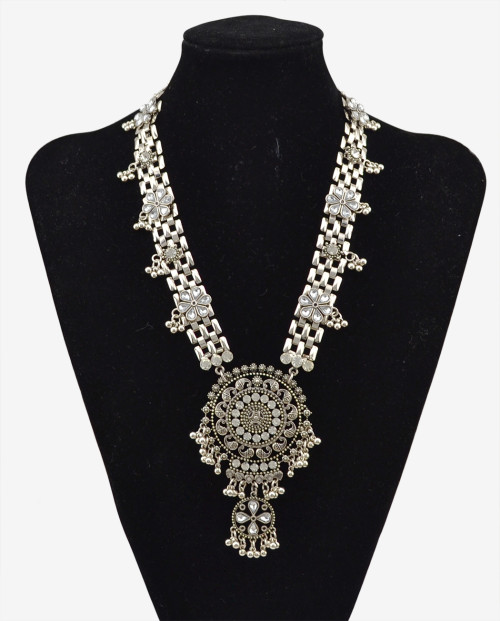 N-5735 Bohemian style silver chunky chain hollow out rhinestone plum flower bell ball tassel luxury shinning pendant necklace,boho chic beachy  statement necklace
