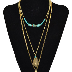 N-5739 Bohemian style long 3 layers gold plated gold leaves turquoise beads ellipse drop pendant necklace for womens jewelry