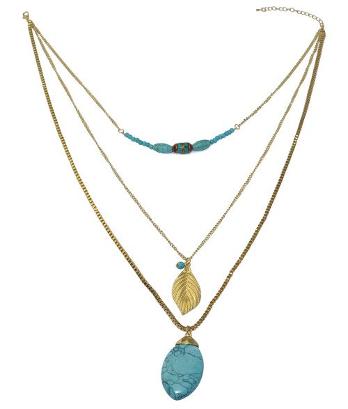 N-5739 Bohemian style long 3 layers gold plated gold leaves turquoise beads ellipse drop pendant necklace for womens jewelry