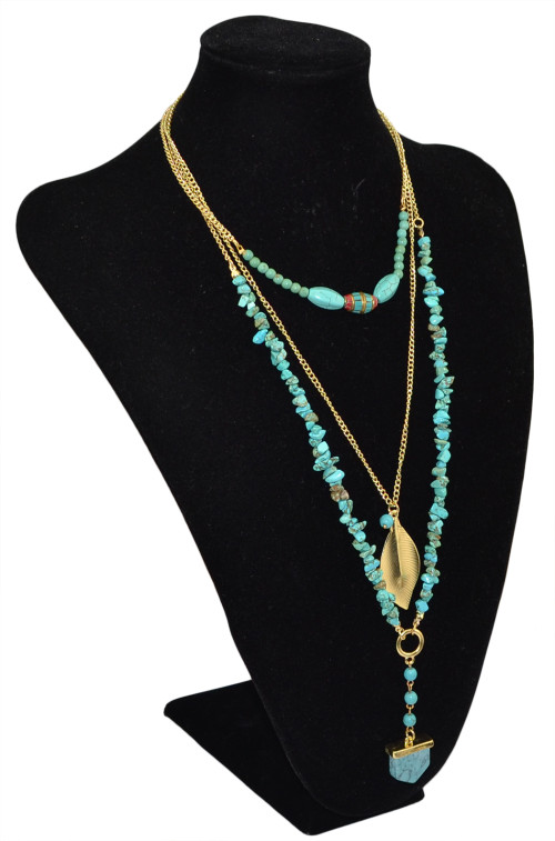 N-5740 Bohemian Fashion Summer Jewelry Turquoise Beads Statement Necklace Gold 3 Multi-Layer Chains Leaf Pendant Necklace for Women