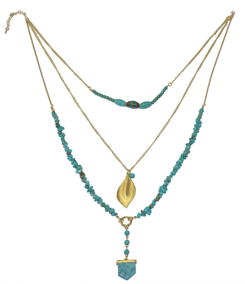 N-5740 Bohemian Fashion Summer Jewelry Turquoise Beads Statement Necklace Gold 3 Multi-Layer Chains Leaf Pendant Necklace for Women