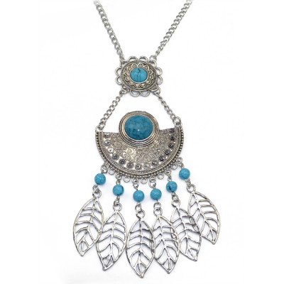 N-5746 Bohemian style tibet silver chain crescent balck blue big gem stone african beads metal hallow leaves tassel ethnic layered pendant necklace