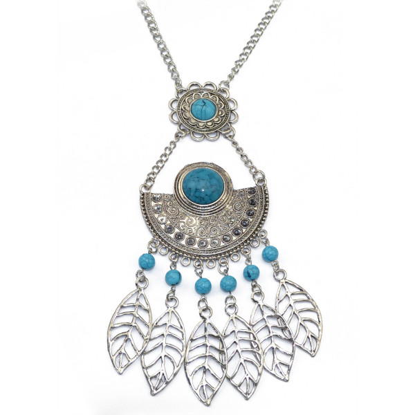 N-5746 Bohemian style tibet silver chain crescent balck blue big gem stone african beads metal hallow leaves tassel ethnic layered pendant necklace