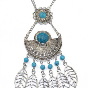 N-5746 Bohemian style tibet silver chain crescent balck blue big gem stone african beads metal hallow leaves tassel ethnic layered pendant necklace