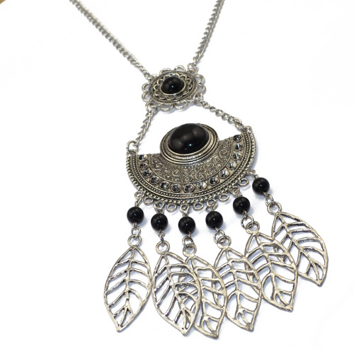 N-5746 Bohemian style tibet silver chain crescent balck blue big gem stone african beads metal hallow leaves tassel ethnic layered pendant necklace