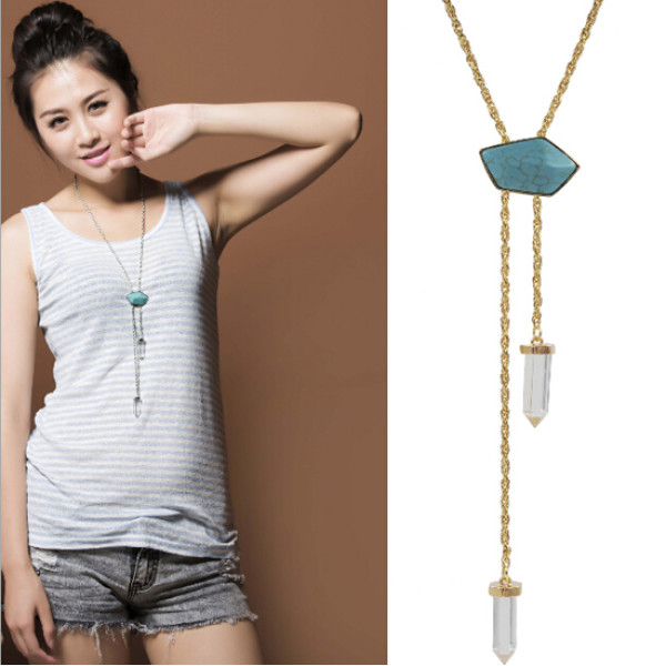 N-5495 Fashion style gold silver plated alloy blue long chain crystal turquoise pendant necklace