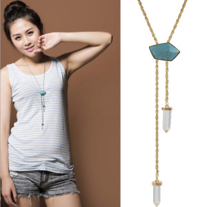 N-5495 Fashion style gold silver plated alloy blue long chain crystal turquoise pendant necklace