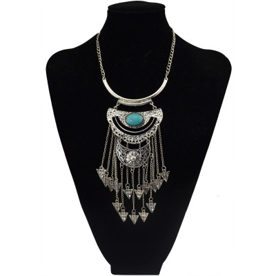 N-5751 Bohemian Style Tibet Silver Chain Blue Big Gem Stone Beads Metaltassel Pendant Necklace