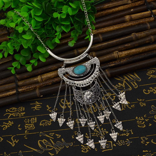 N-5751 Bohemian Style Tibet Silver Chain Blue Big Gem Stone Beads Metaltassel Pendant Necklace