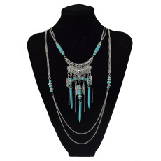 N-5752-S Bohemian style multu layer gold chain carved vintage flower rivet turquoise bead tassel pendant necklace boho ethnic women jewellery