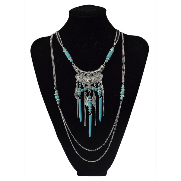 N-5752-S Bohemian style multu layer gold chain carved vintage flower rivet turquoise bead tassel pendant necklace boho ethnic women jewellery
