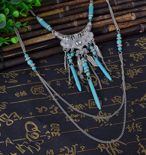 N-5752-S Bohemian style multu layer gold chain carved vintage flower rivet turquoise bead tassel pendant necklace boho ethnic women jewellery