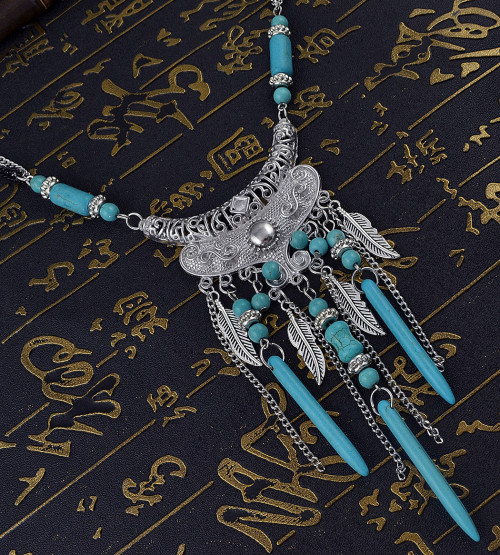 N-5752 Bohemian style multu layer gold chain carved vintage flower rivet turquoise bead tassel pendant necklace boho ethnic women jewellery