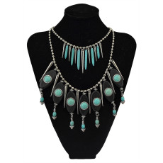 N-5750 New Arrive Bohemia Multilayer Chain Turquoise Rivet Tassel Statement Necklace
