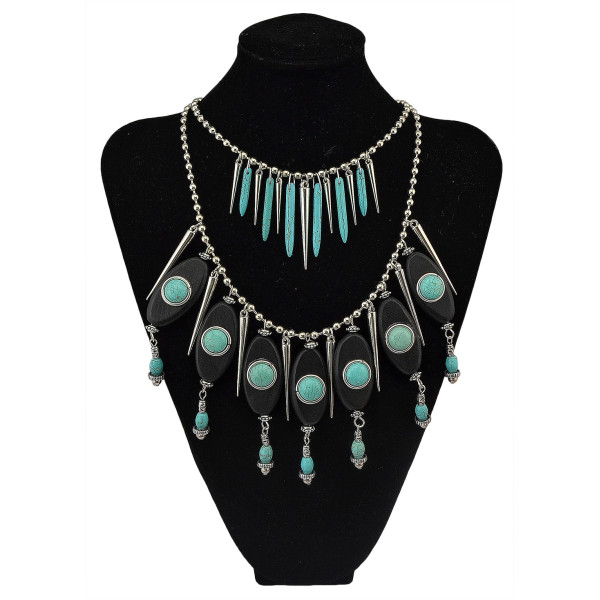 N-5750 New Arrive Bohemia Multilayer Chain Turquoise Rivet Tassel Statement Necklace