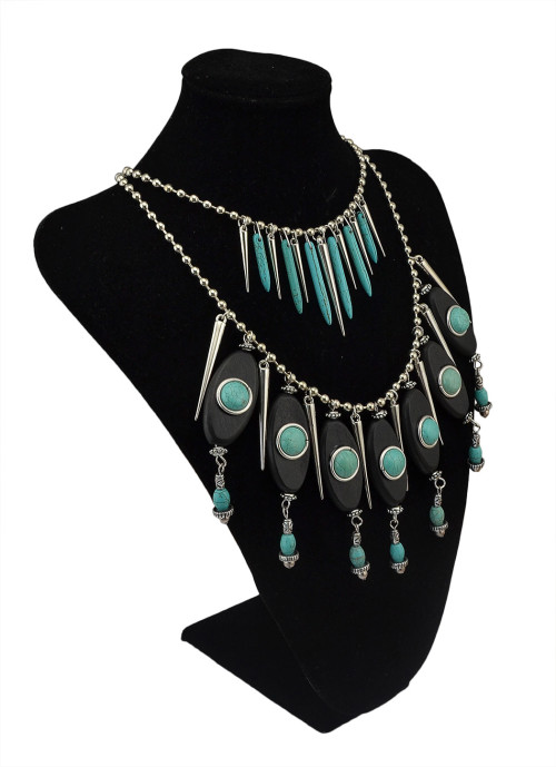 N-5750 New Arrive Bohemia Multilayer Chain Turquoise Rivet Tassel Statement Necklace
