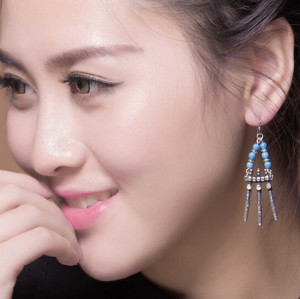 E-3559 Bohemian Retro Tibetan Silver Gold Plated Blue Resin Bead Geometry Tassel Long Dangle Earrings For Women Jewelry
