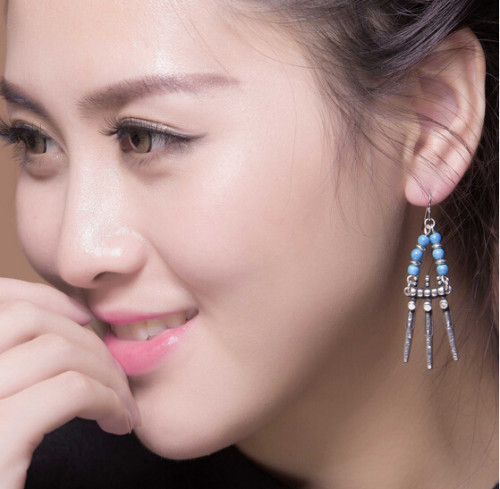 E-3559 Bohemian Retro Tibetan Silver Gold Plated Blue Resin Bead Geometry Tassel Long Dangle Earrings For Women Jewelry