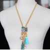 N-5766 Bohemian style silver gold snake chain emerald crystal rhinestone stone handmade braid thread tassel long pendant necklace earrings set