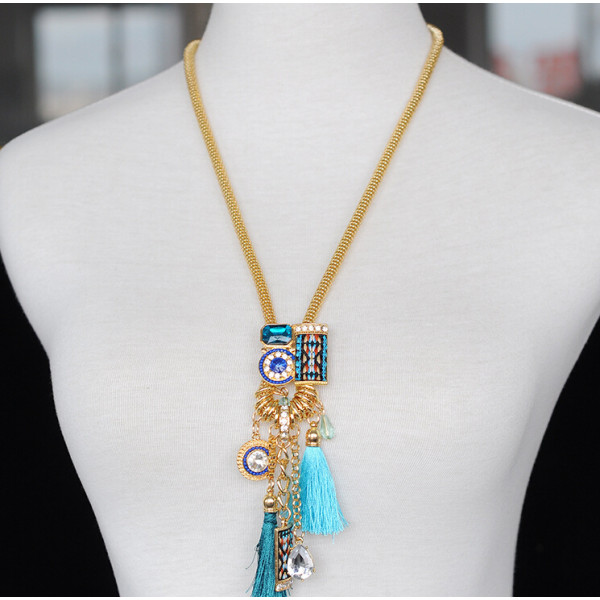 N-5766 Bohemian style silver gold snake chain emerald crystal rhinestone stone handmade braid thread tassel long pendant necklace earrings set