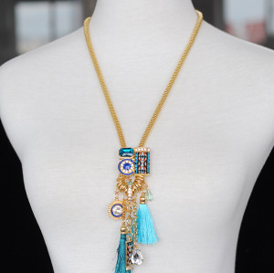 N-5766 Bohemian style silver gold snake chain emerald crystal rhinestone stone handmade braid thread tassel long pendant necklace earrings set