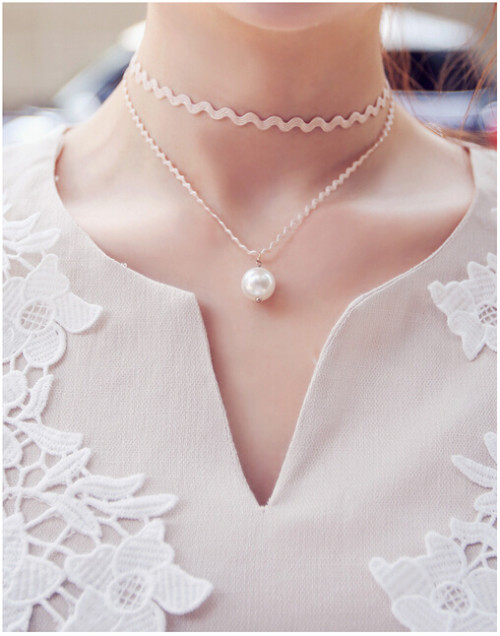 N-5765 New Fashion  Wave Lace Collar Pearl Pendant Necklace Double Women Clavicle Chain