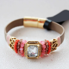 B-0583 Bohemian Leather Chain Magnetic Clasp Beads Rhinestone Crystal Bracelet