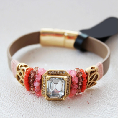 B-0583 Bohemian Leather Chain Magnetic Clasp Beads Rhinestone Crystal Bracelet
