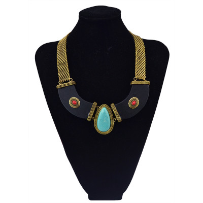 N-5774 Bohemian Vintage Silver Gold Plated Width Chains Turquoise Stone Beads Moon Collar Choker Necklace for Women Jewelry