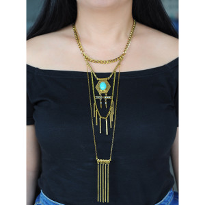 2015 vintage necklace silver gold chain rhinestone turquoise bead multi layered tassel long pendant necklace earrings set