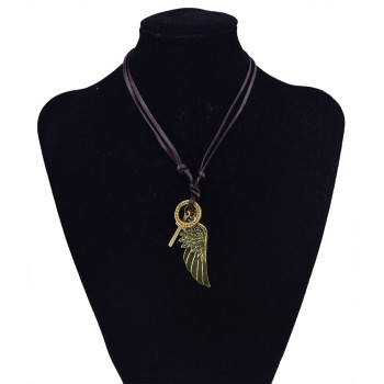 N-5779 Bohemian Silver bronze Plated Leather Chain feather shape wings cross pendant Necklace