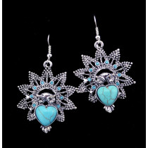 E-3592 Bohemian Style Vintage Silver Plated Turquoise Stone Heart Big Flower Dangle Earrings for Women Jewelry