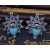 E-3592 Bohemian Style Vintage Silver Plated Turquoise Stone Heart Big Flower Dangle Earrings for Women Jewelry