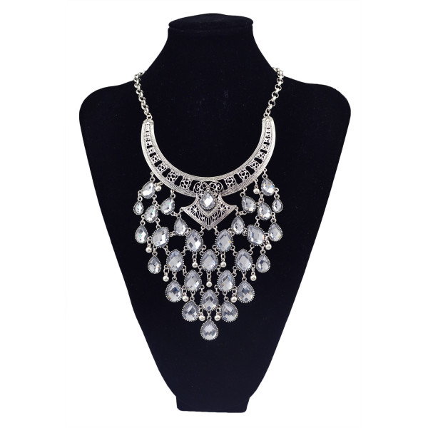 N-5802 European style crescent moon shape chunky chain multi crystal drop tassel collar statement necklace