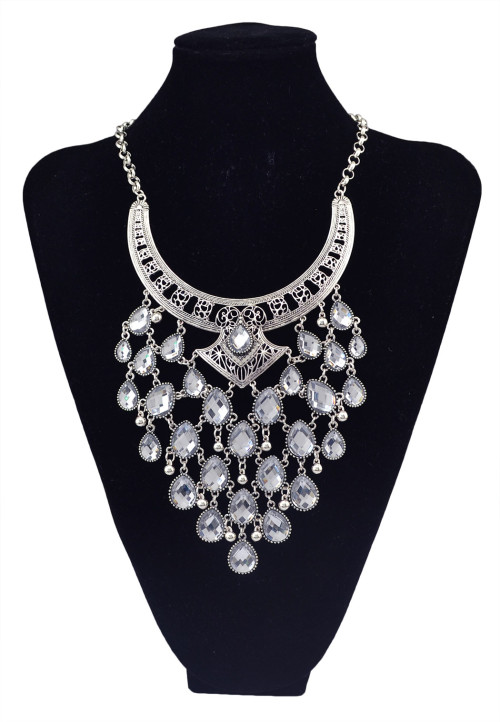 N-5802 European style crescent moon shape chunky chain multi crystal drop tassel collar statement necklace