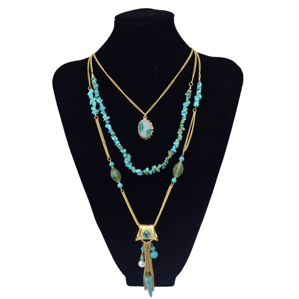 N-5797 Bohemian Style Silver Plated Rhinestone Turquoise Beads  Metal Muti-layer  Chains Tassel Pendant Necklace