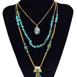 N-5797 Bohemian Style Silver Plated Rhinestone Turquoise Beads  Metal Muti-layer  Chains Tassel Pendant Necklace