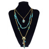 N-5797 Bohemian Style Silver Plated Rhinestone Turquoise Beads  Metal Muti-layer  Chains Tassel Pendant Necklace