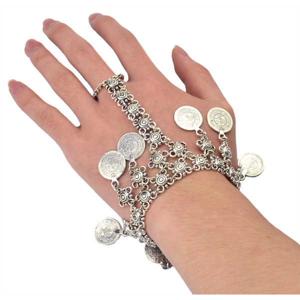 B-0592 New Silver Coin Bracelet Adjustable Handmade Floral Boho Gypsy Beachy Ethnic Bracelet With Ring Jewelry