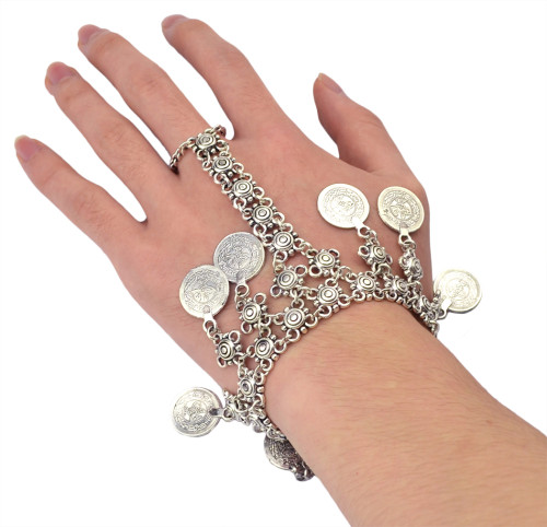 B-0592 New Silver Coin Bracelet Adjustable Handmade Floral Boho Gypsy Beachy Ethnic Bracelet With Ring Jewelry