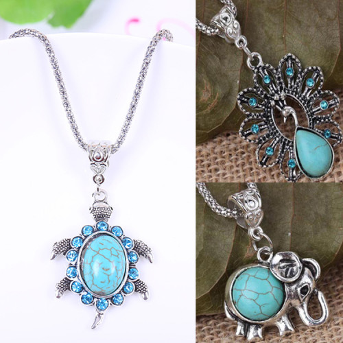 N-5749 New design Fashion Lovely Sliver Plated Turquoise Blue Rhinestone Tortoise Elephant Peacock Pendant Necklace Jewelry for Women