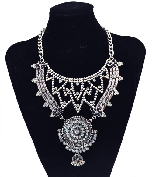 N-5805 European fashion alloy plated thread metal pendant multi chain crystal collar choker necklace