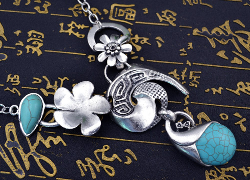 N-5810 Fashion tibet silver chian moon shape drop turquoise drop tassel chunky layered long necklace